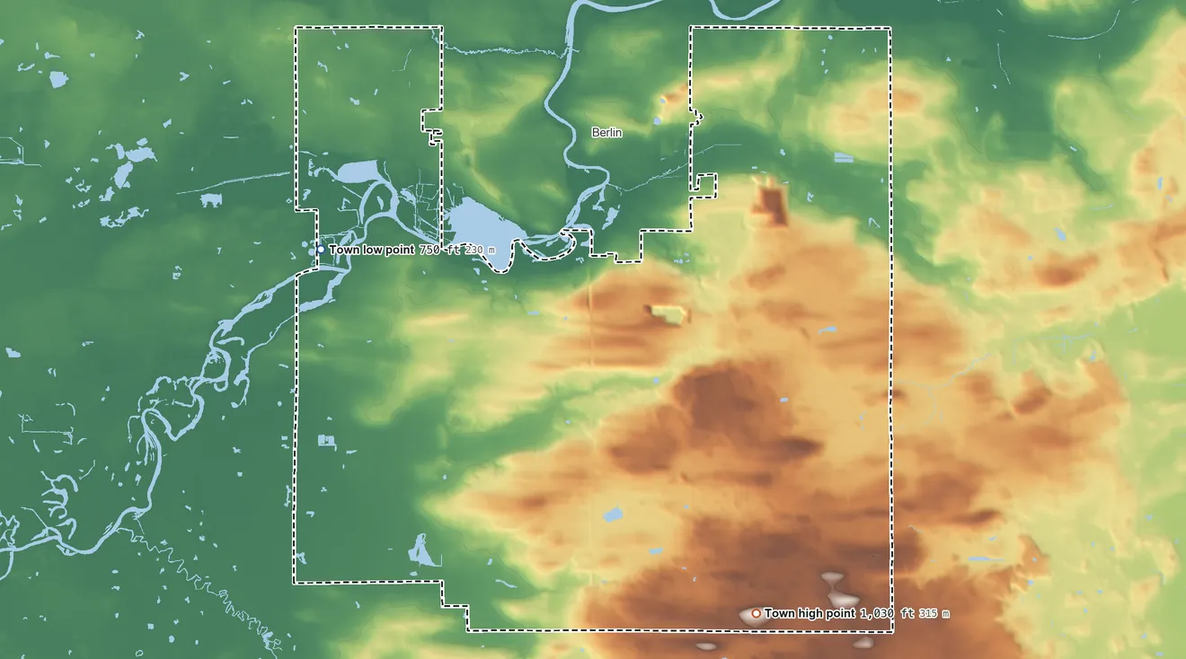 Topographic elevation map of Town of Berlin, Wisconsin, shaded from 750 ft on the west side to 1,030 ft on the south side