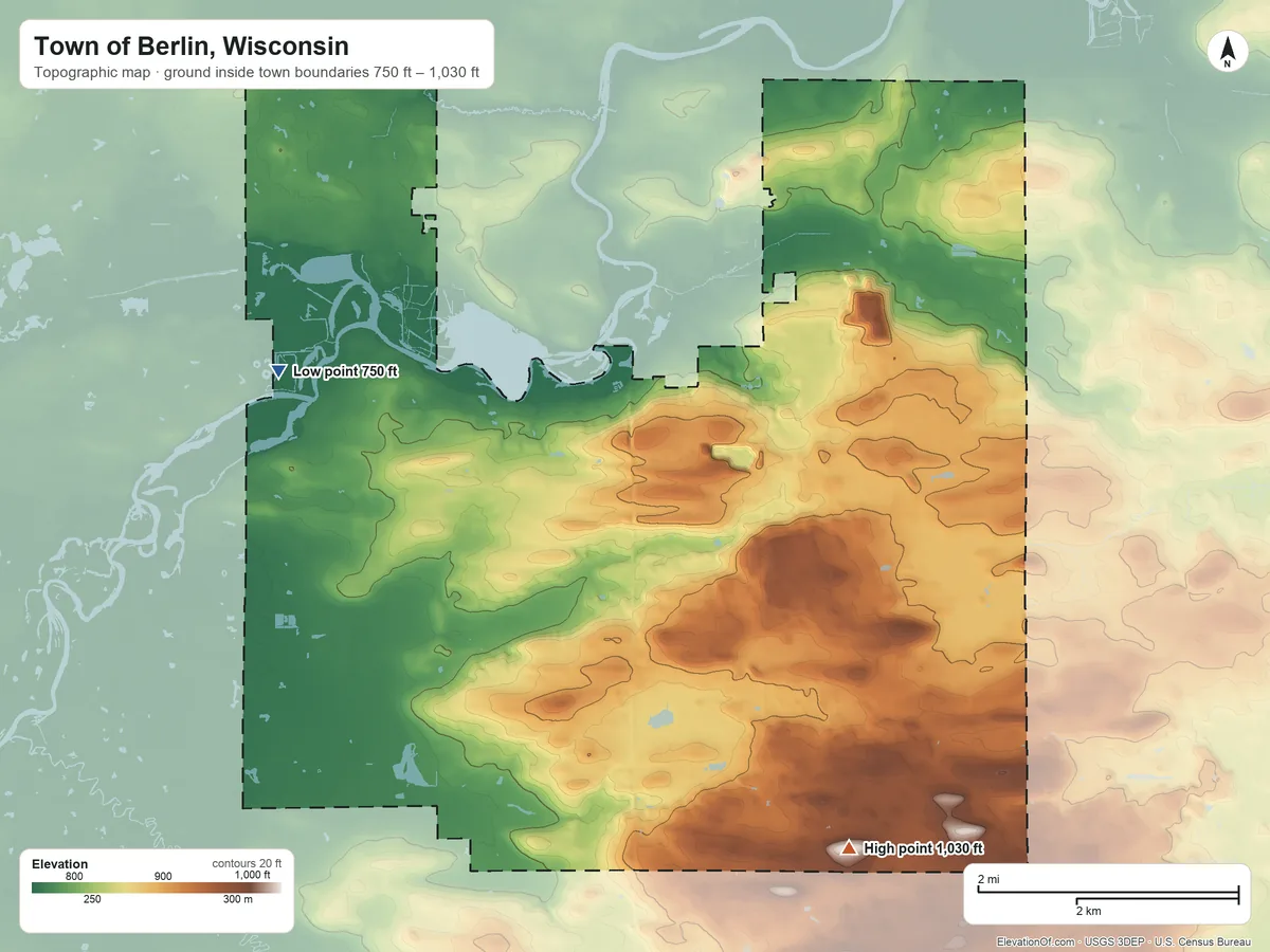 Topographic elevation map of Town of Berlin, Wisconsin, shaded from 750 ft on the west side to 1,030 ft on the south side