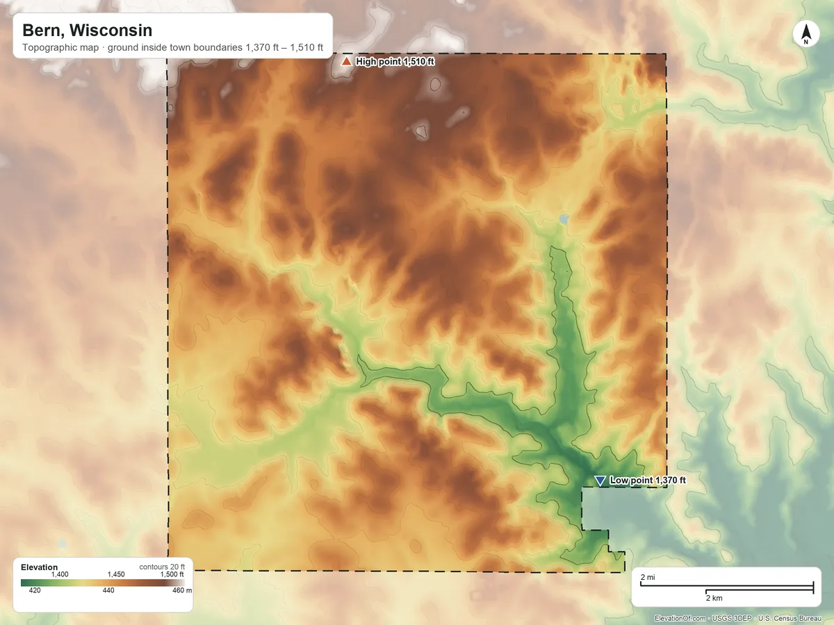 Topographic elevation map of Bern, Wisconsin, shaded from 1,370 ft on the southeast side to 1,510 ft on the north side