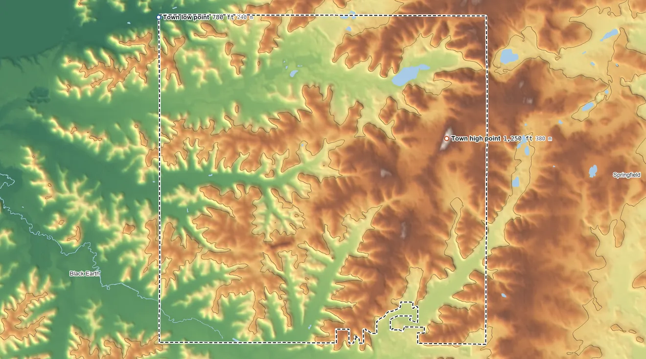 Topographic elevation map of Berry, Wisconsin, shaded from 780 ft on the northwest side to 1,250 ft on the northeast side