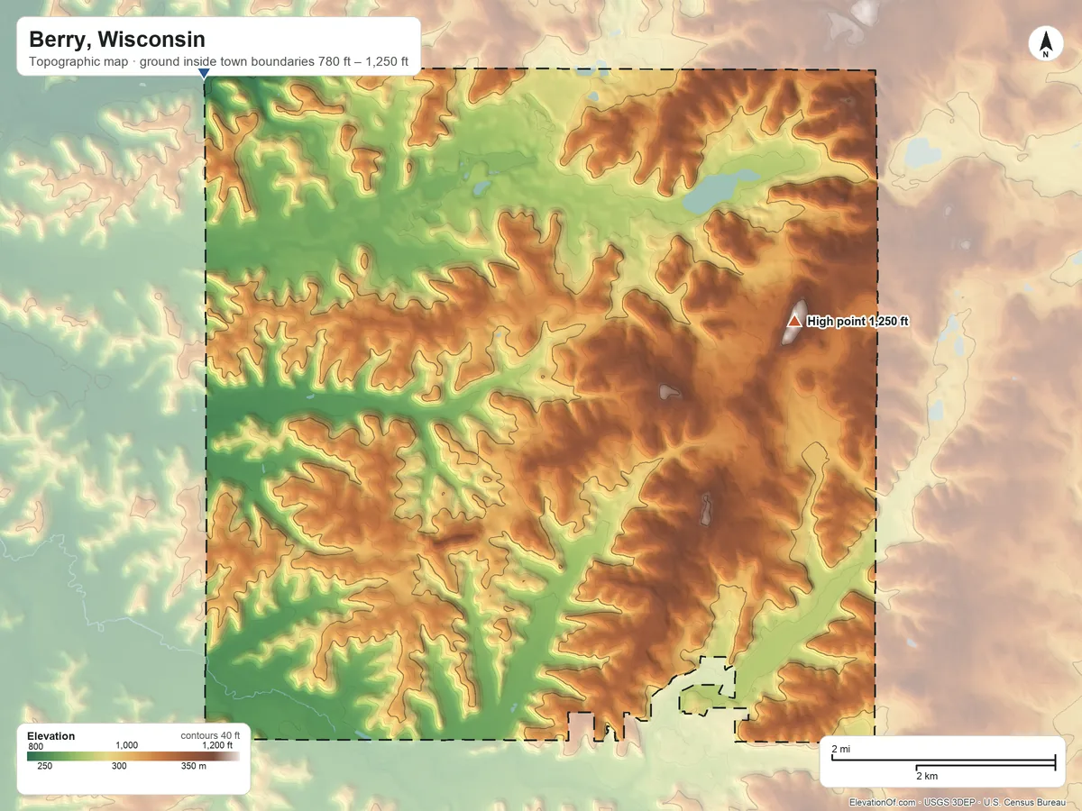 Topographic elevation map of Berry, Wisconsin, shaded from 780 ft on the northwest side to 1,250 ft on the northeast side