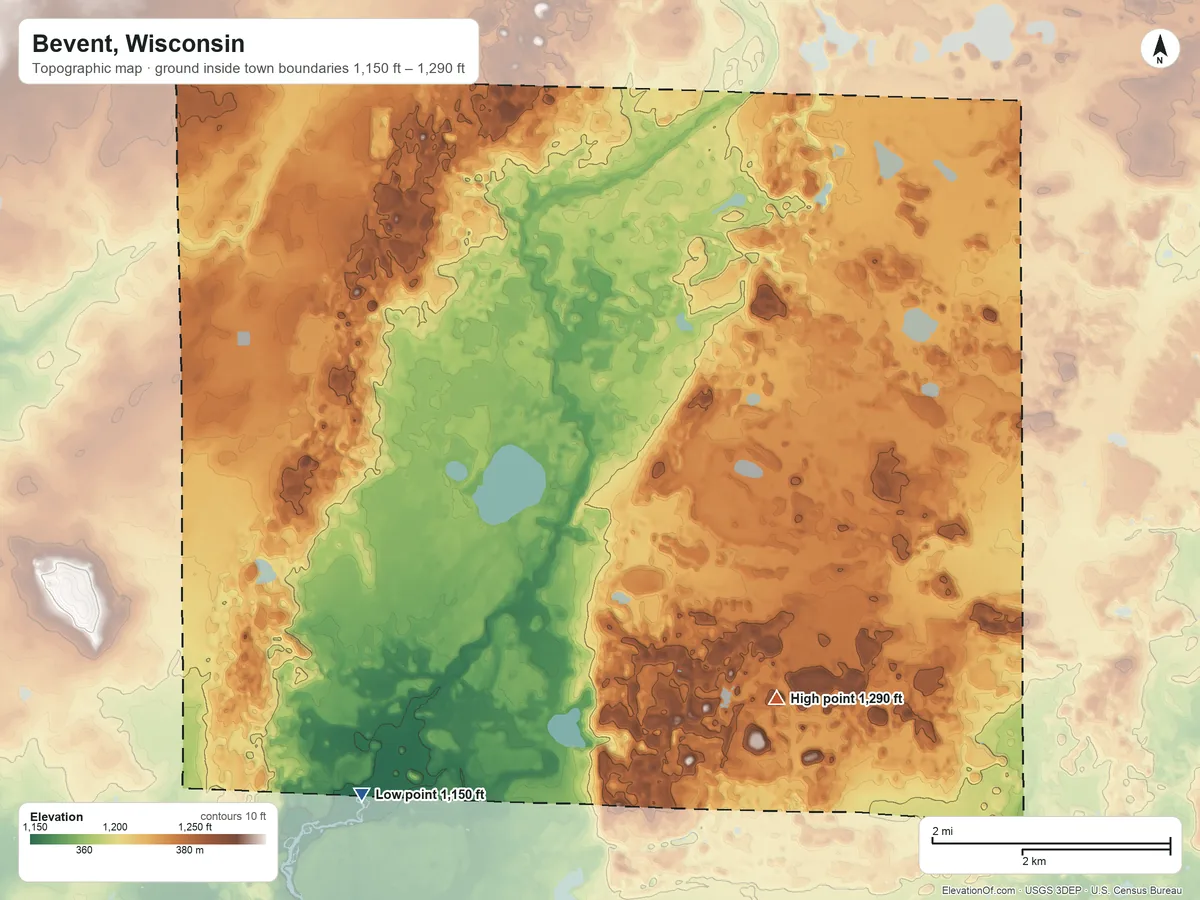 Topographic elevation map of Bevent, Wisconsin, shaded from 1,150 ft on the southwest side to 1,290 ft on the southeast side