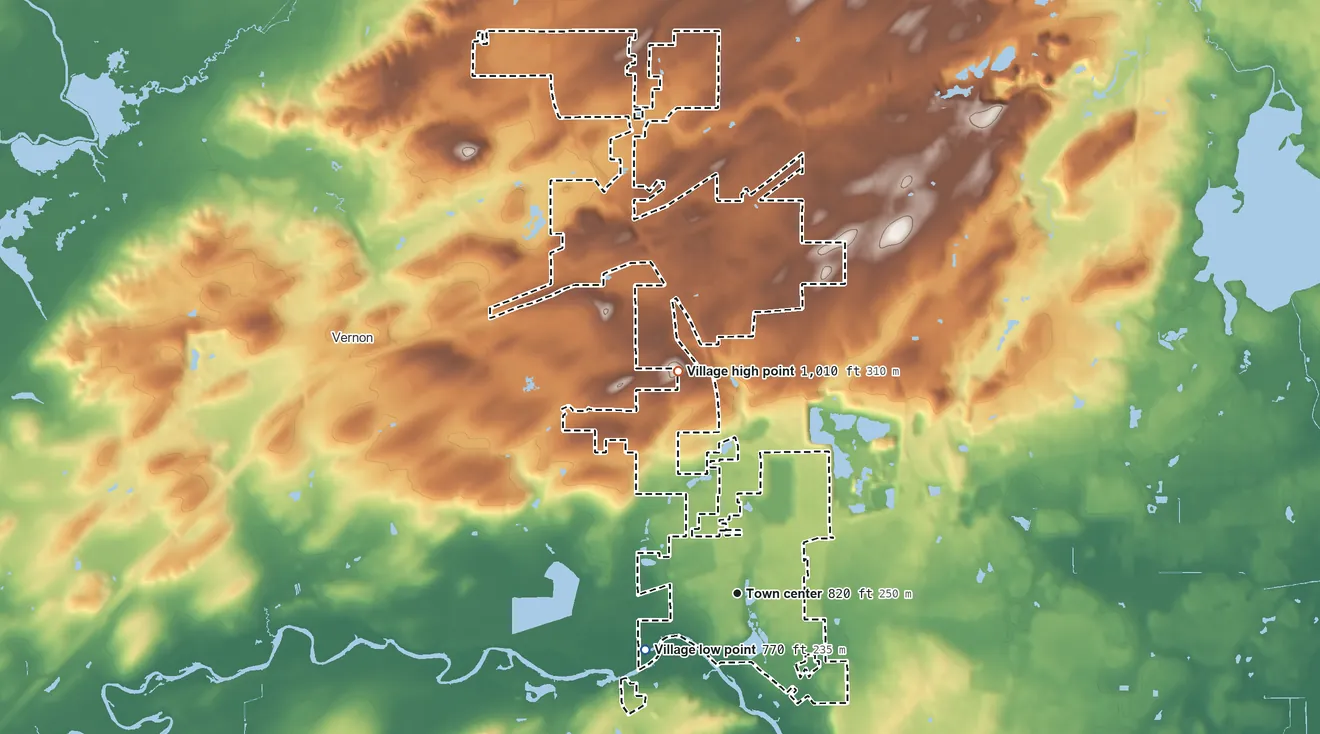 Topographic elevation map of Big Bend, Wisconsin, shaded from 770 ft on the southwest side to 1,010 ft on the north side