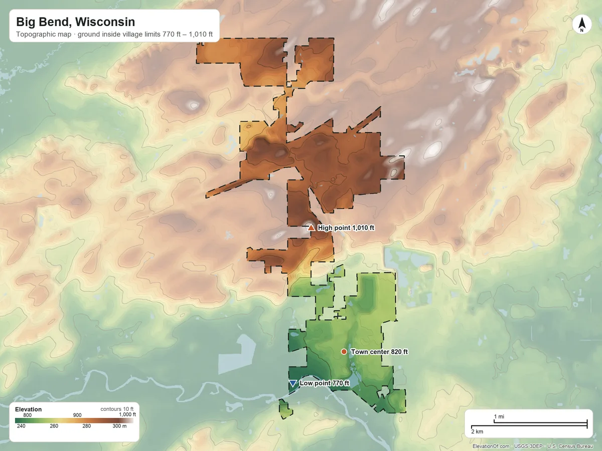 Topographic elevation map of Big Bend, Wisconsin, shaded from 770 ft on the southwest side to 1,010 ft on the north side