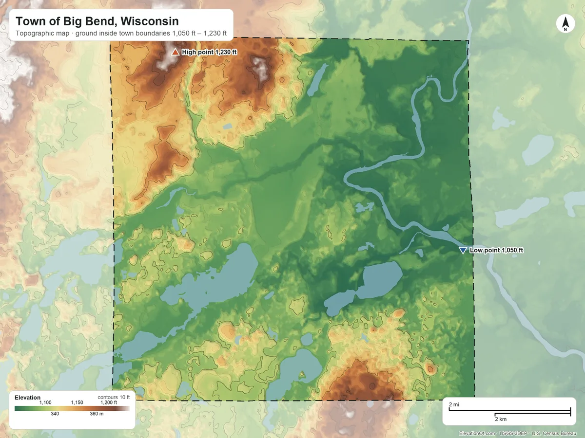 Topographic elevation map of Town of Big Bend, Wisconsin, shaded from 1,050 ft on the east side to 1,230 ft on the northwest side