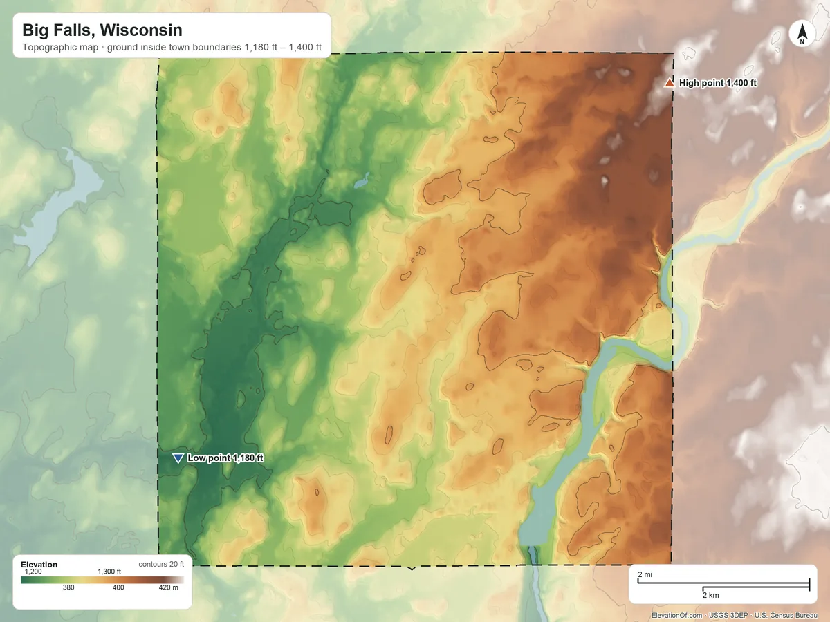 Topographic elevation map of Big Falls, Wisconsin, shaded from 1,180 ft on the southwest side to 1,400 ft on the northeast side