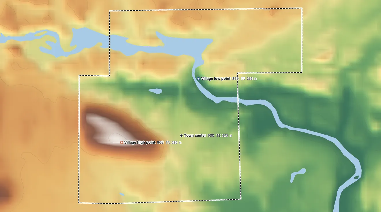 Topographic elevation map of Village of Big Falls, Wisconsin, shaded from 870 ft on the north side to 960 ft on the west side