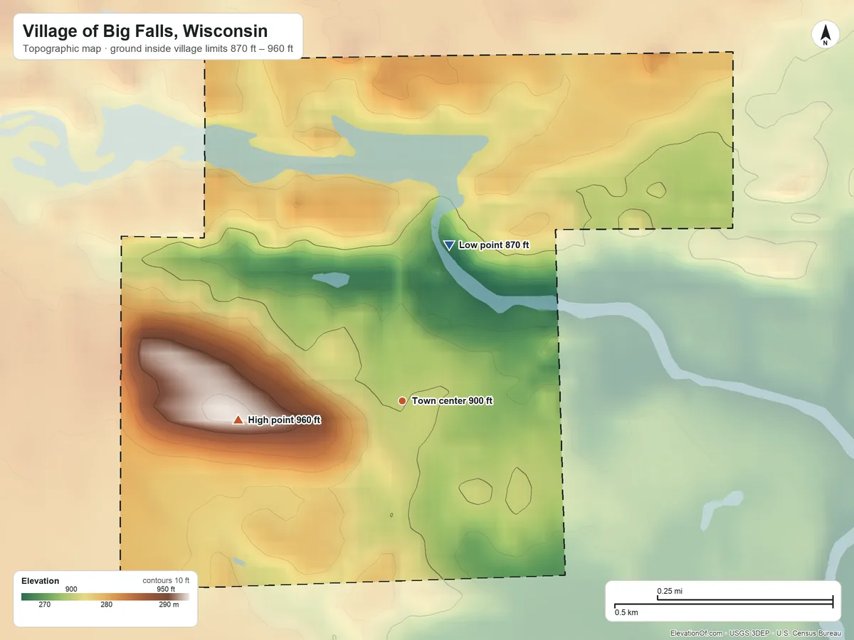 Topographic elevation map of Village of Big Falls, Wisconsin, shaded from 870 ft on the north side to 960 ft on the west side