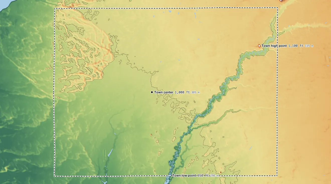 Topographic elevation map of Big Flats, Wisconsin, shaded from 950 ft on the south side to 1,100 ft on Keystone Rock