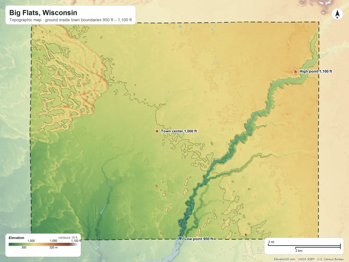 Topographic elevation map of Big Flats, Wisconsin, shaded from 950 ft on the south side to 1,100 ft on Keystone Rock