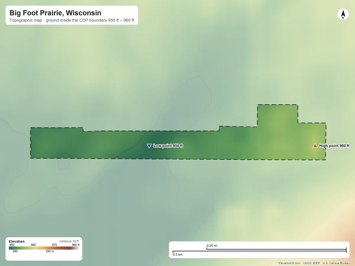 Topographic elevation map of Big Foot Prairie, Wisconsin, shaded from 950 ft near the middle to 960 ft on the east side