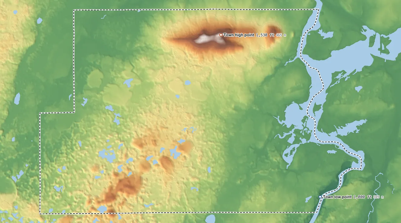 Topographic elevation map of Birch Creek, Wisconsin, shaded from 1,000 ft on the southeast side to 1,530 ft on the northwest side