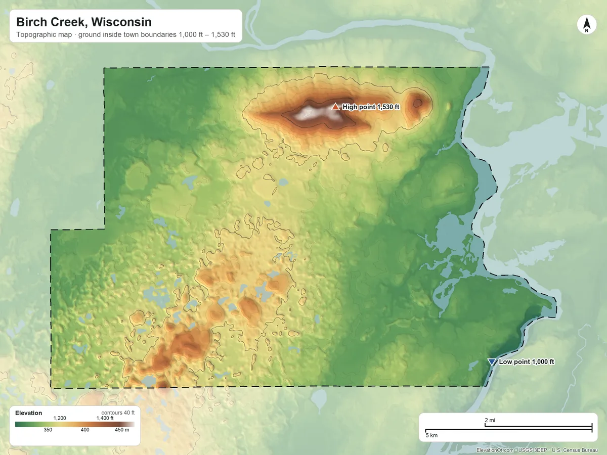 Topographic elevation map of Birch Creek, Wisconsin, shaded from 1,000 ft on the southeast side to 1,530 ft on the northwest side