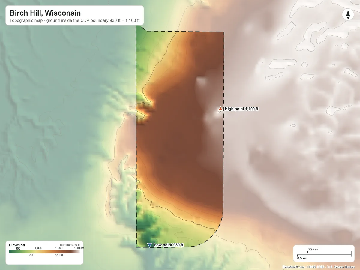 Topographic elevation map of Birch Hill, Wisconsin, shaded from 930 ft on the southwest side to 1,100 ft on the northeast side