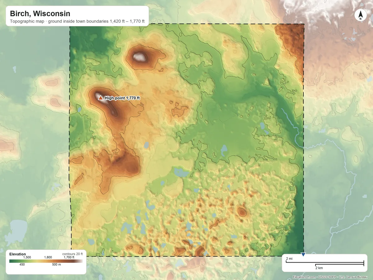 Topographic elevation map of Birch, Wisconsin, shaded from 1,420 ft on the southeast side to 1,770 ft on Irma Hill
