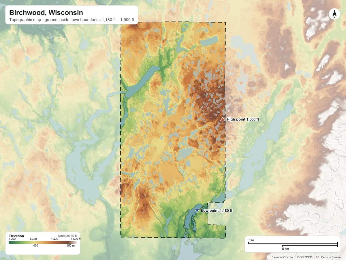 Topographic elevation map of Birchwood, Wisconsin, shaded from 1,180 ft on the south side to 1,500 ft on the northeast side