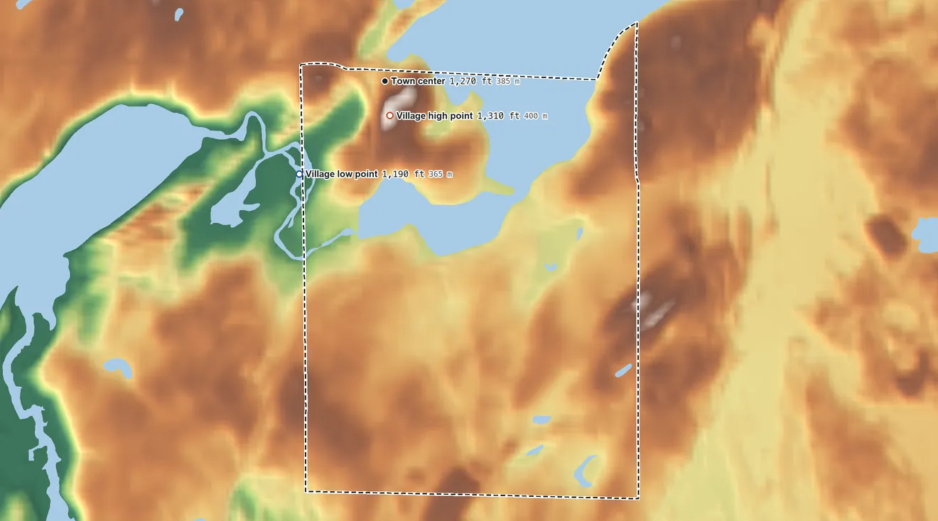 Topographic elevation map of Village of Birchwood, Wisconsin, shaded from 1,190 ft on the southwest side to 1,310 ft near the middle