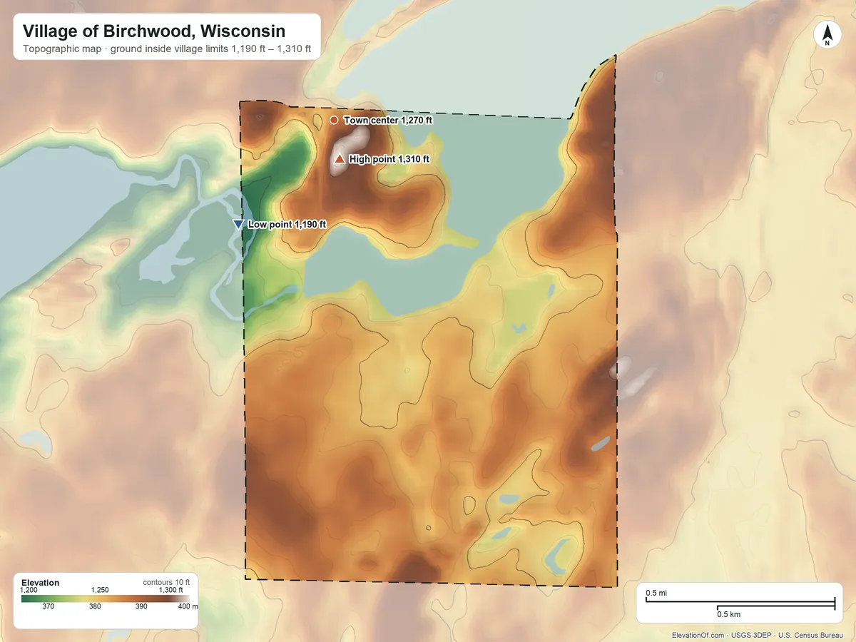 Topographic elevation map of Village of Birchwood, Wisconsin, shaded from 1,190 ft on the southwest side to 1,310 ft near the middle