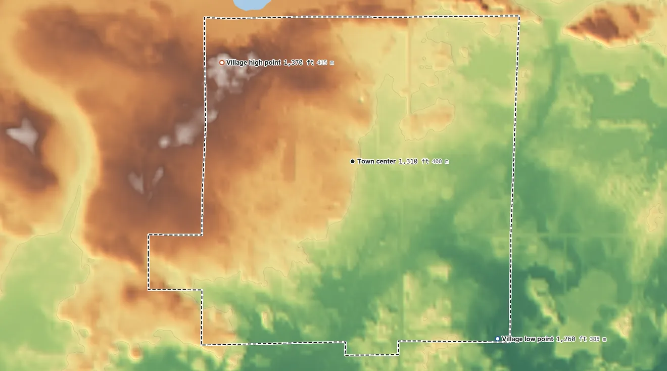 Topographic elevation map of Birnamwood, Wisconsin, shaded from 1,260 ft on the southeast side to 1,370 ft on the northwest side