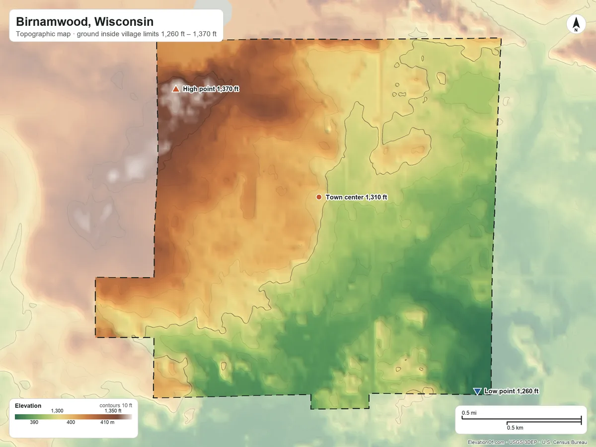 Topographic elevation map of Birnamwood, Wisconsin, shaded from 1,260 ft on the southeast side to 1,370 ft on the northwest side