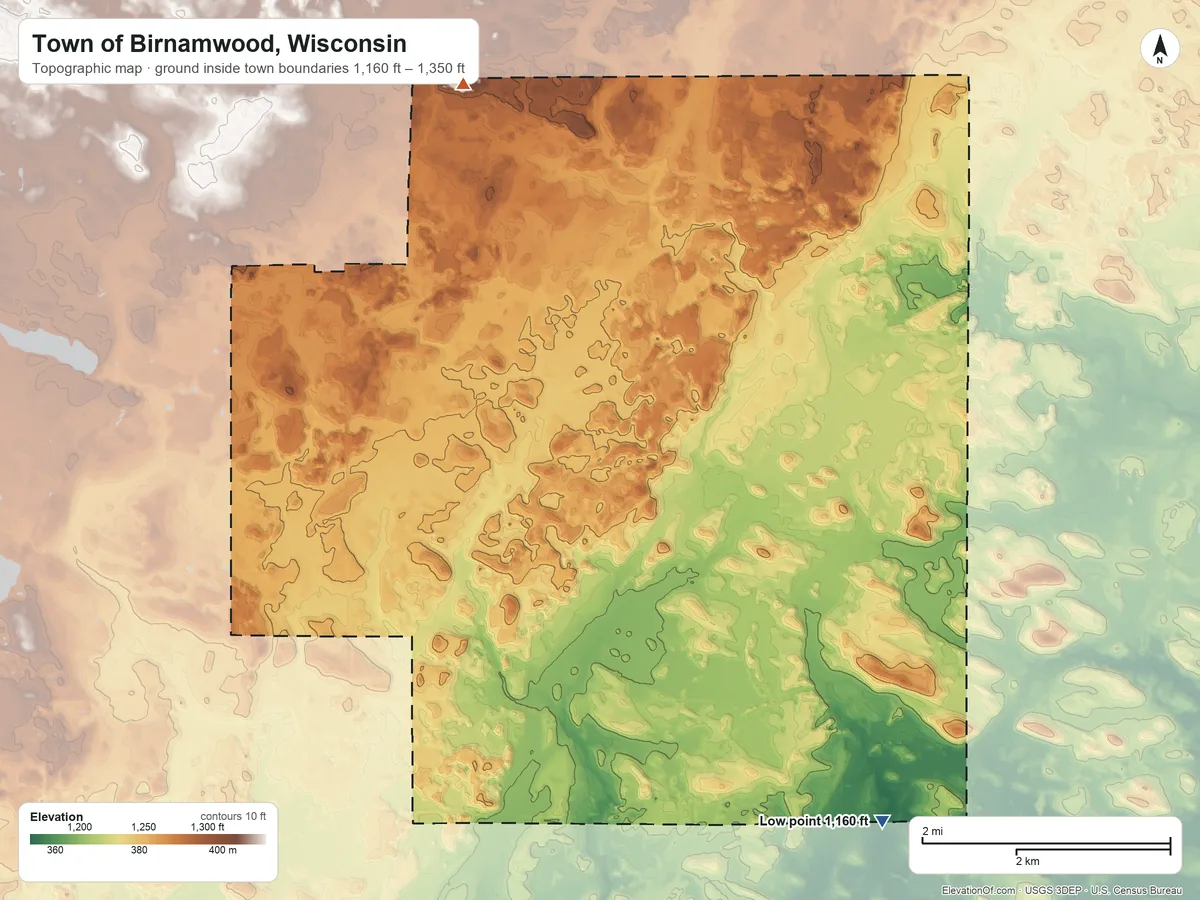 Topographic elevation map of Town of Birnamwood, Wisconsin, shaded from 1,160 ft on the southeast side to 1,350 ft on the north side