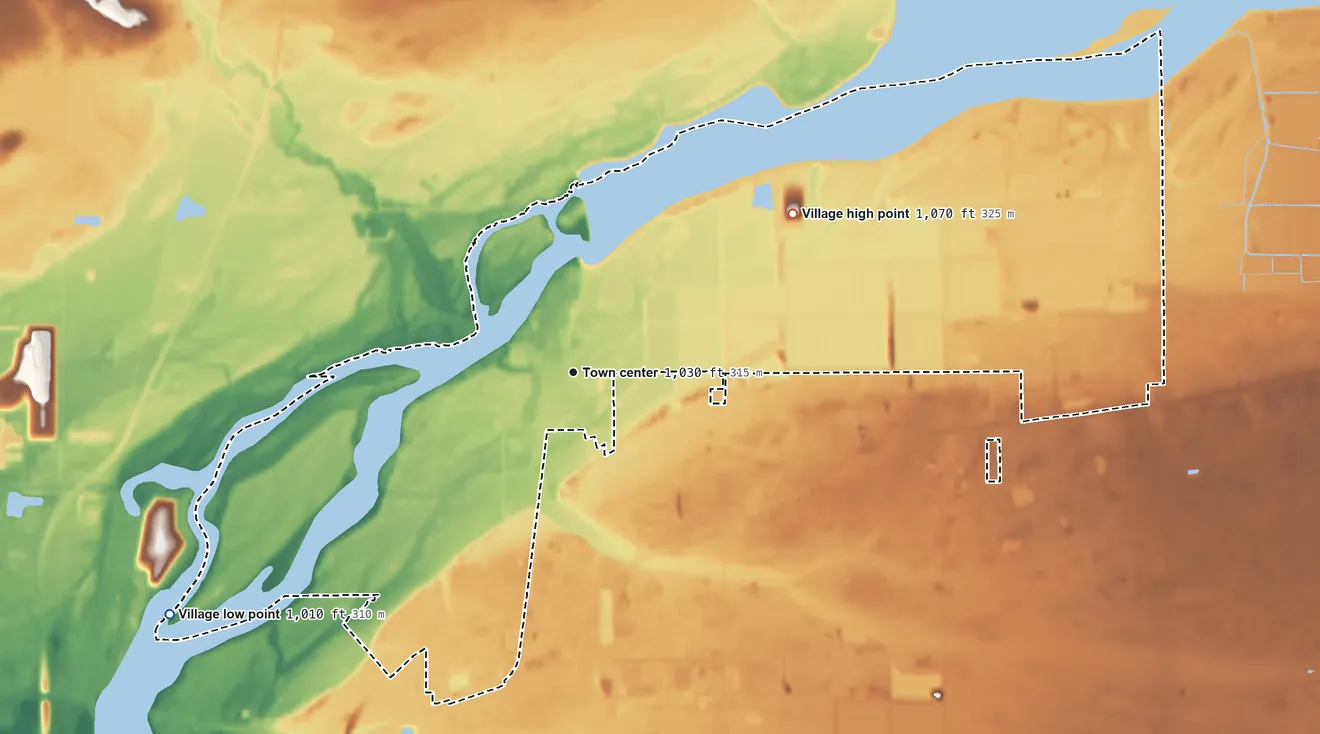 Topographic elevation map of Biron, Wisconsin, shaded from 1,010 ft on the southwest side to 1,070 ft on the northeast side