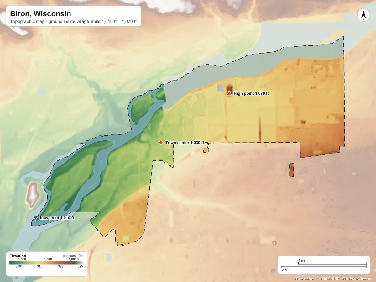 Topographic elevation map of Biron, Wisconsin, shaded from 1,010 ft on the southwest side to 1,070 ft on the northeast side