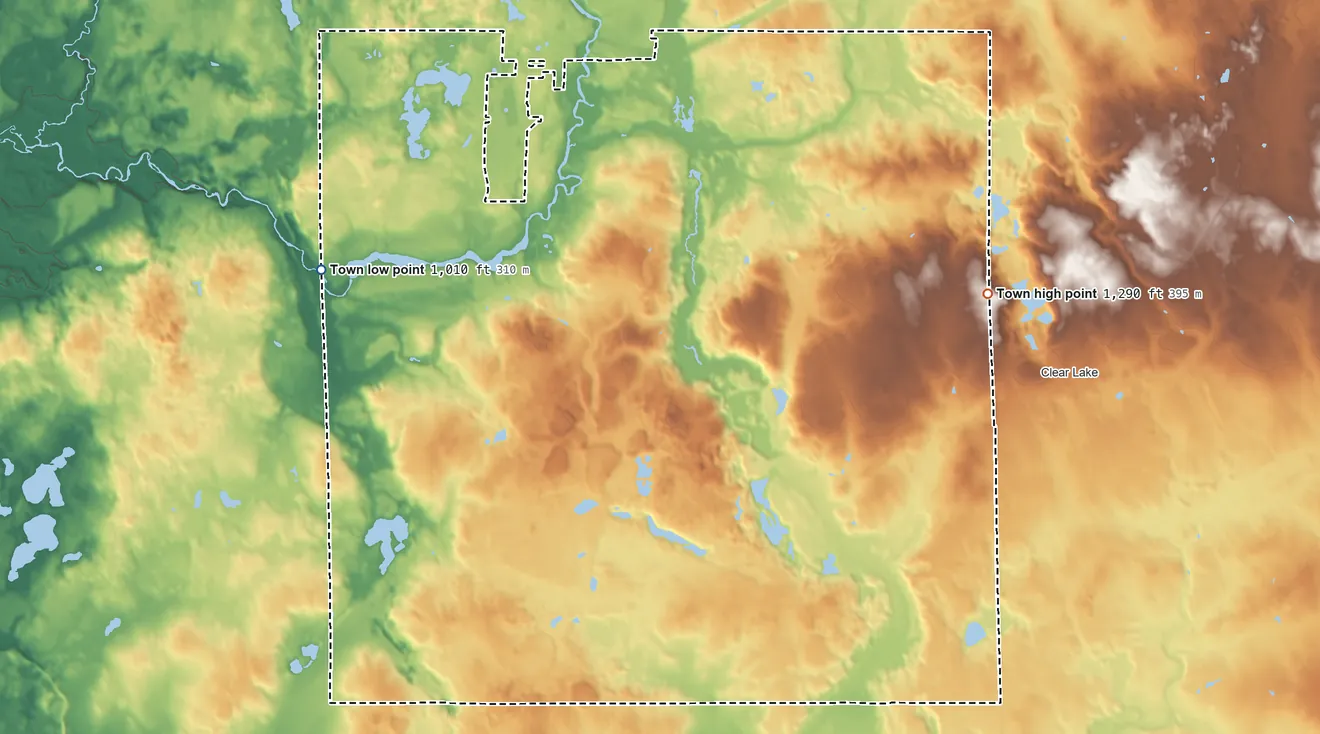 Topographic elevation map of Black Brook, Wisconsin, shaded from 1,010 ft on the west side to 1,290 ft on the east side