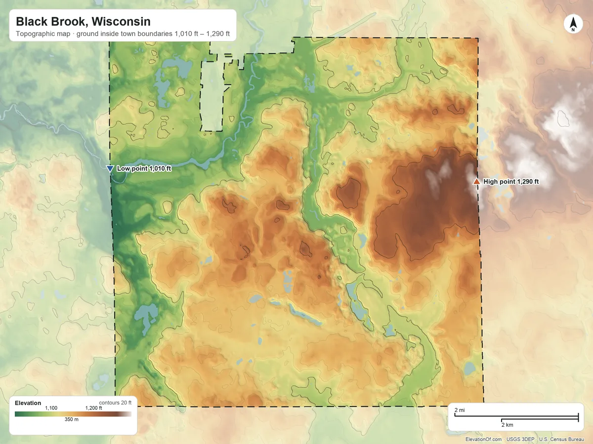 Topographic elevation map of Black Brook, Wisconsin, shaded from 1,010 ft on the west side to 1,290 ft on the east side