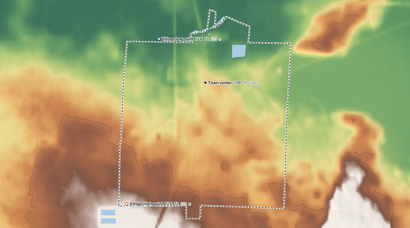 Topographic elevation map of Black Creek, Wisconsin, shaded from 770 ft on the northwest side to 820 ft on the southwest side