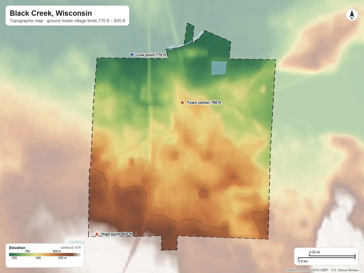 Topographic elevation map of Black Creek, Wisconsin, shaded from 770 ft on the northwest side to 820 ft on the southwest side