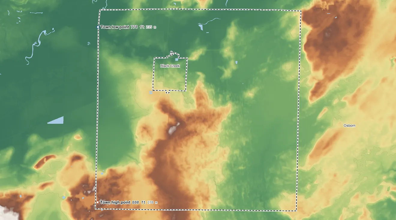 Topographic elevation map of Town of Black Creek, Wisconsin, shaded from 770 ft on the northwest side to 880 ft on the southwest side