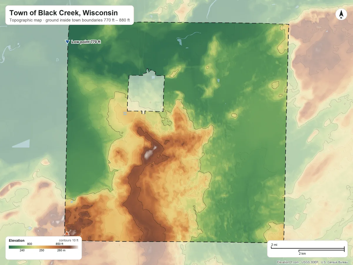 Topographic elevation map of Town of Black Creek, Wisconsin, shaded from 770 ft on the northwest side to 880 ft on the southwest side