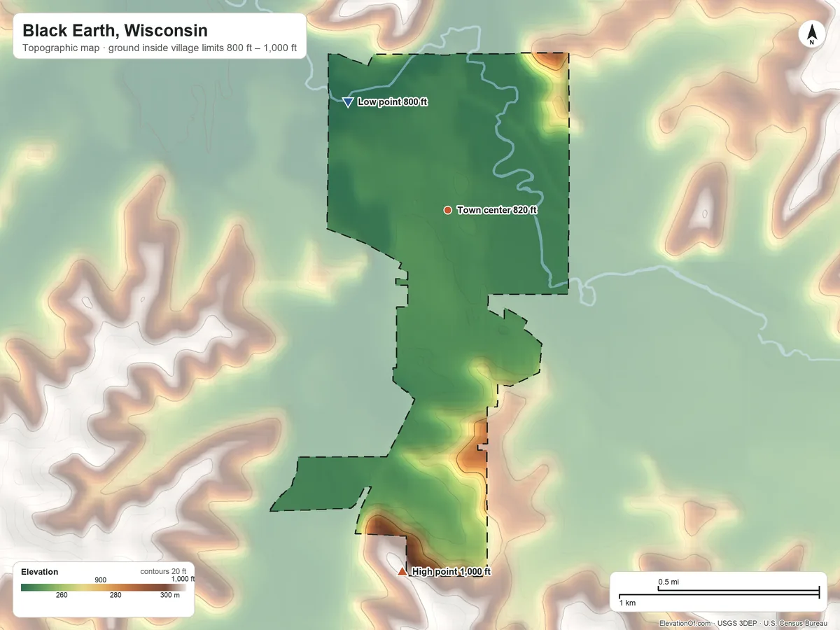 Topographic elevation map of Black Earth, Wisconsin, shaded from 800 ft on the northwest side to 1,000 ft on the south side