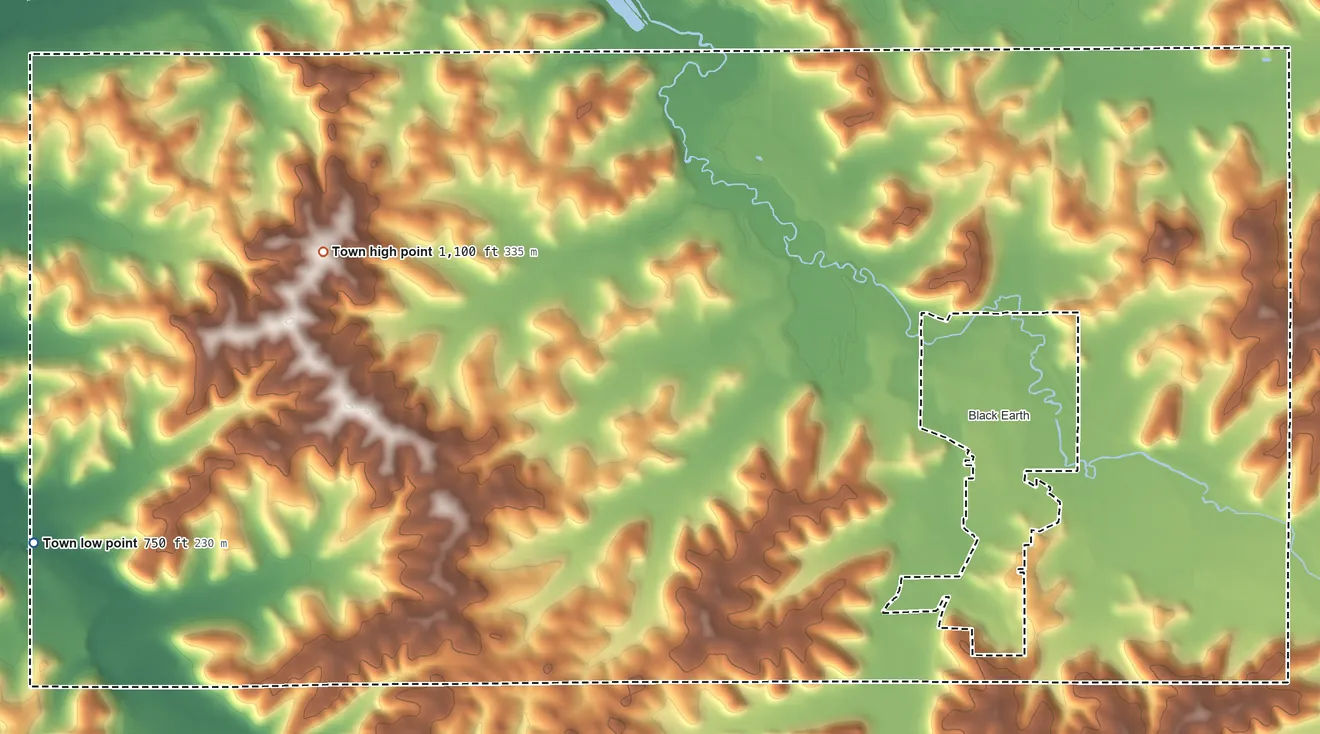 Topographic elevation map of Town of Black Earth, Wisconsin, shaded from 750 ft on the southwest side to 1,100 ft on the west side