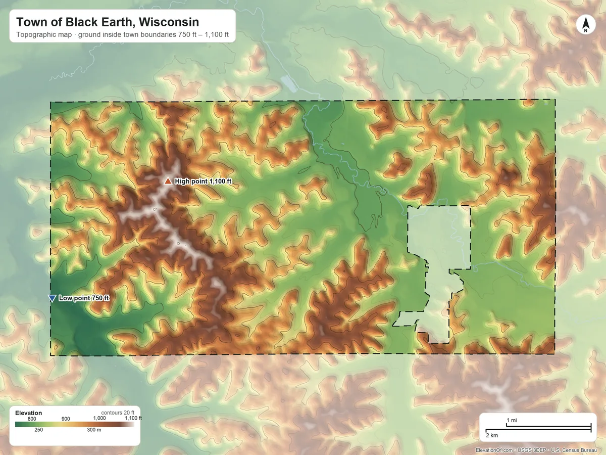 Topographic elevation map of Town of Black Earth, Wisconsin, shaded from 750 ft on the southwest side to 1,100 ft on the west side
