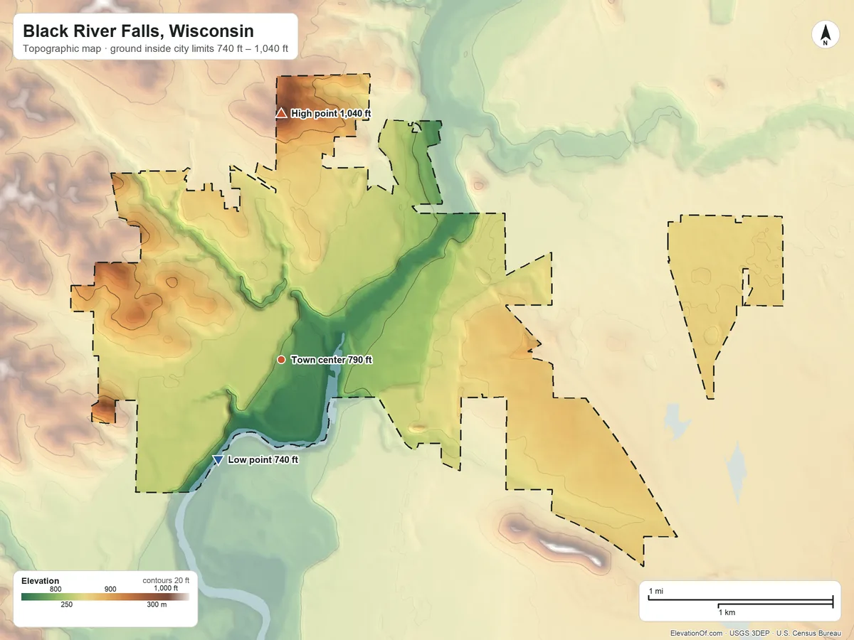 Topographic elevation map of Black River Falls, Wisconsin, shaded from 740 ft on the southwest side to 1,040 ft on the north side
