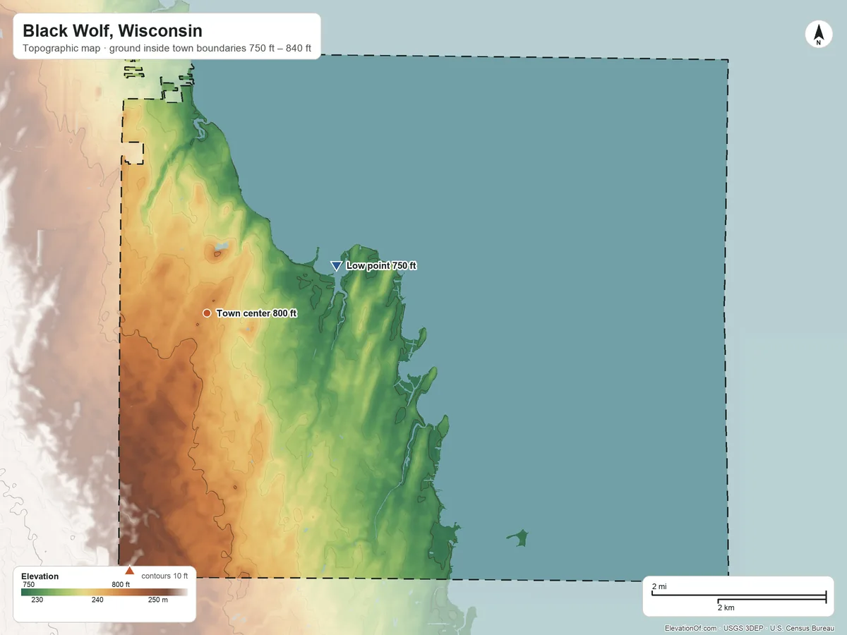 Topographic elevation map of Black Wolf, Wisconsin, shaded from 750 ft on the east side to 840 ft on the south side