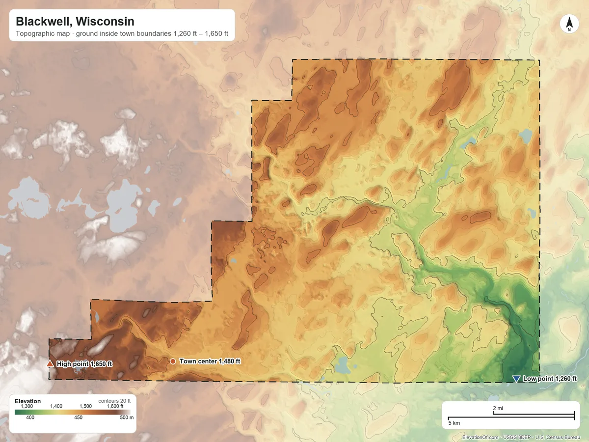 Topographic elevation map of Blackwell, Wisconsin, shaded from 1,260 ft on the east side to 1,650 ft on the west side