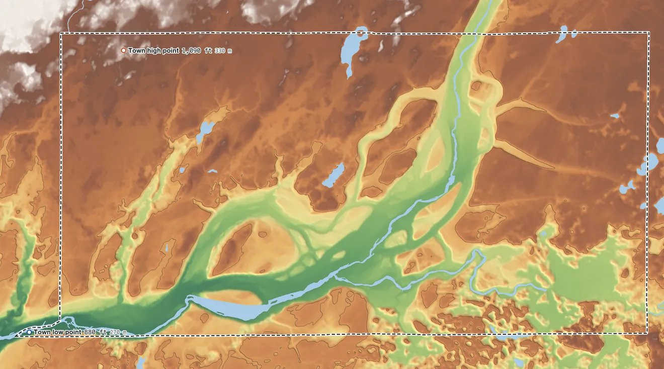 Topographic elevation map of Blaine, Wisconsin, shaded from 880 ft on the southwest side to 1,090 ft on the west side