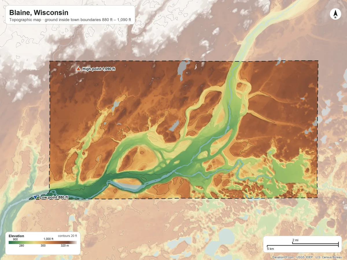 Topographic elevation map of Blaine, Wisconsin, shaded from 880 ft on the southwest side to 1,090 ft on the west side