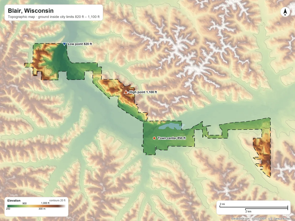 Topographic elevation map of Blair, Wisconsin, shaded from 820 ft on the northwest side to 1,100 ft on the northwest side