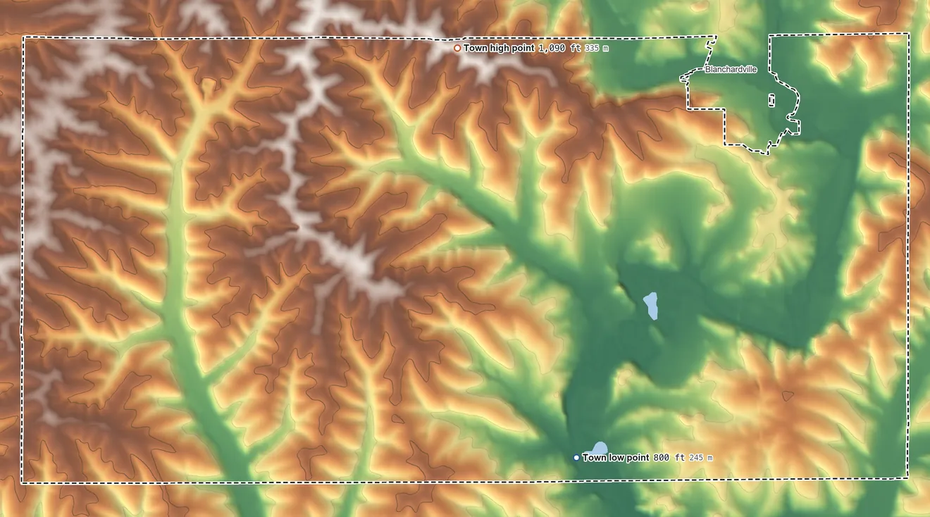 Topographic elevation map of Blanchard, Wisconsin, shaded from 800 ft on the south side to 1,090 ft near the middle