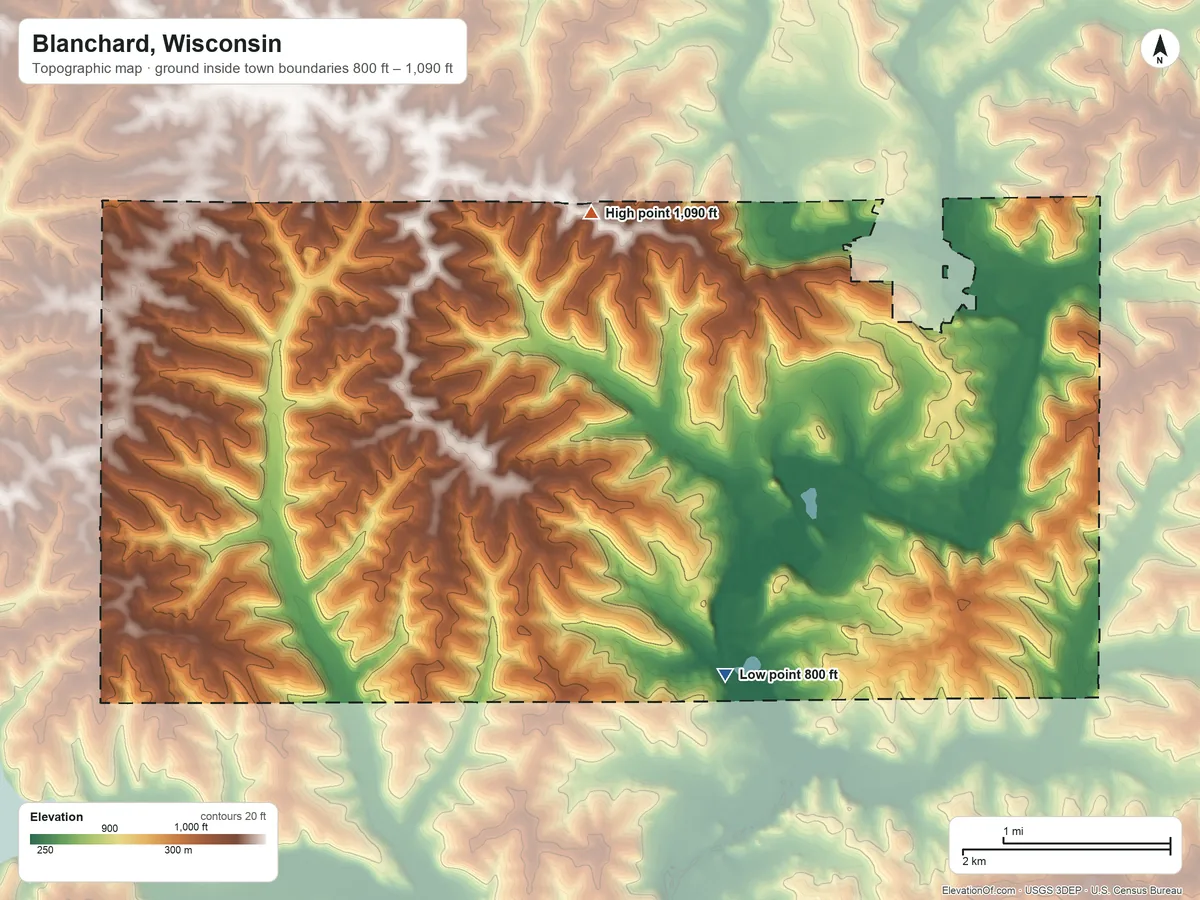 Topographic elevation map of Blanchard, Wisconsin, shaded from 800 ft on the south side to 1,090 ft near the middle