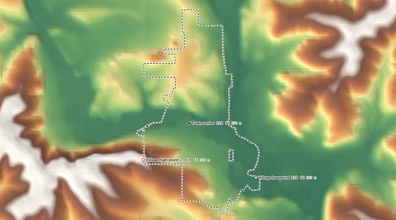 Topographic elevation map of Blanchardville, Wisconsin, shaded from 810 ft on the southeast side to 1,020 ft on the southwest side