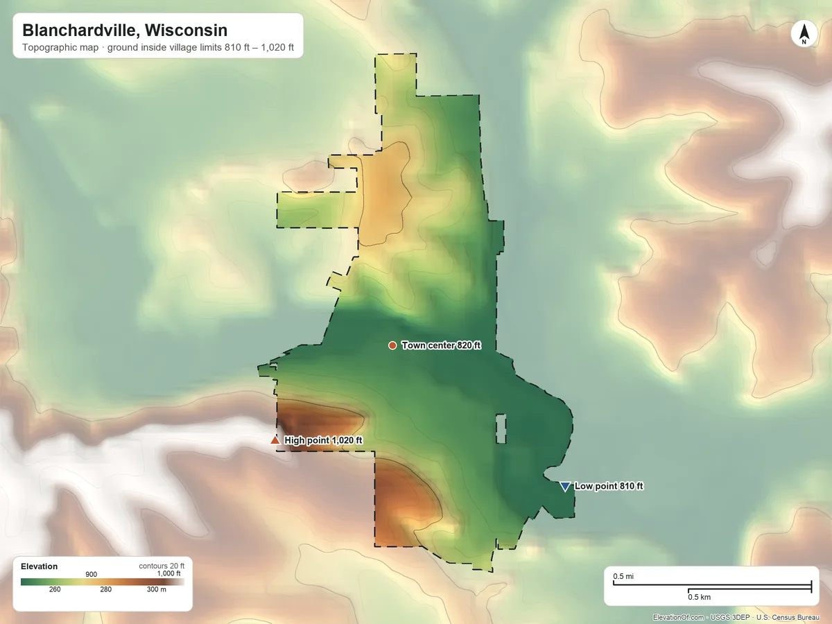 Topographic elevation map of Blanchardville, Wisconsin, shaded from 810 ft on the southeast side to 1,020 ft on the southwest side