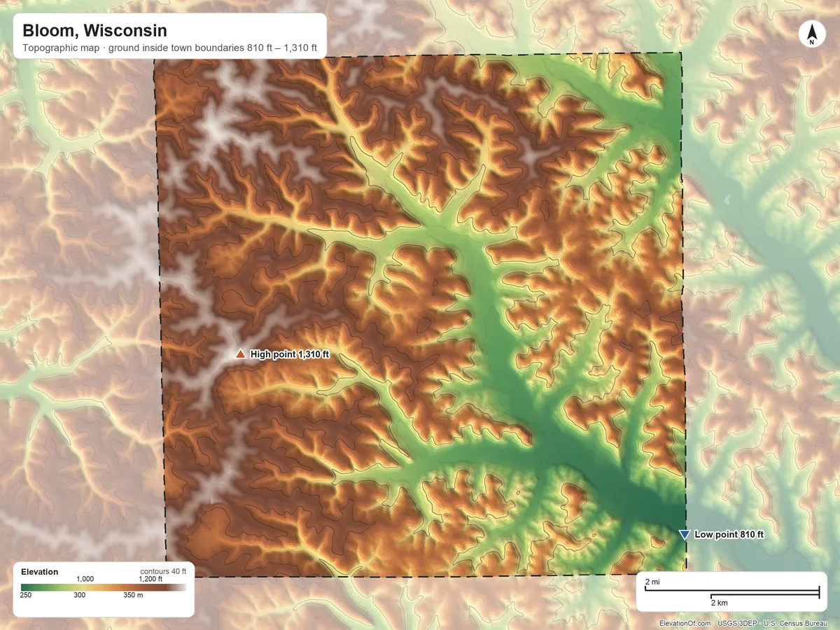 Topographic elevation map of Bloom, Wisconsin, shaded from 810 ft on the southeast side to 1,310 ft on the southwest side