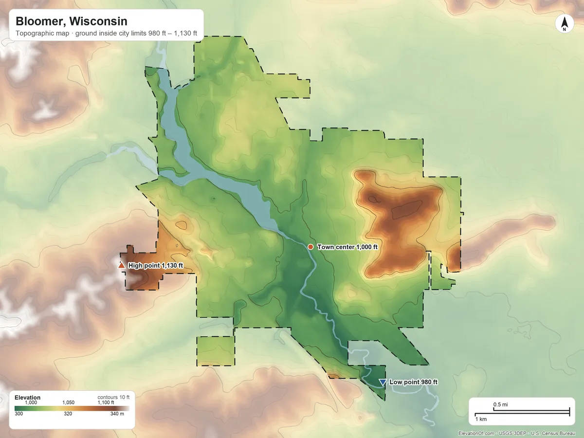 Topographic elevation map of Bloomer, Wisconsin, shaded from 980 ft on the southeast side to 1,130 ft on the west side