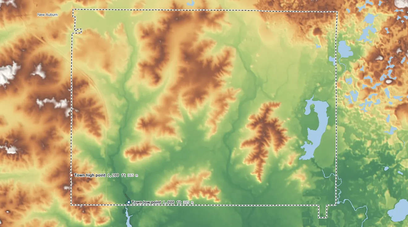 Topographic elevation map of Town of Bloomer, Wisconsin, shaded from 1,000 ft on the southwest side to 1,200 ft on the southwest side