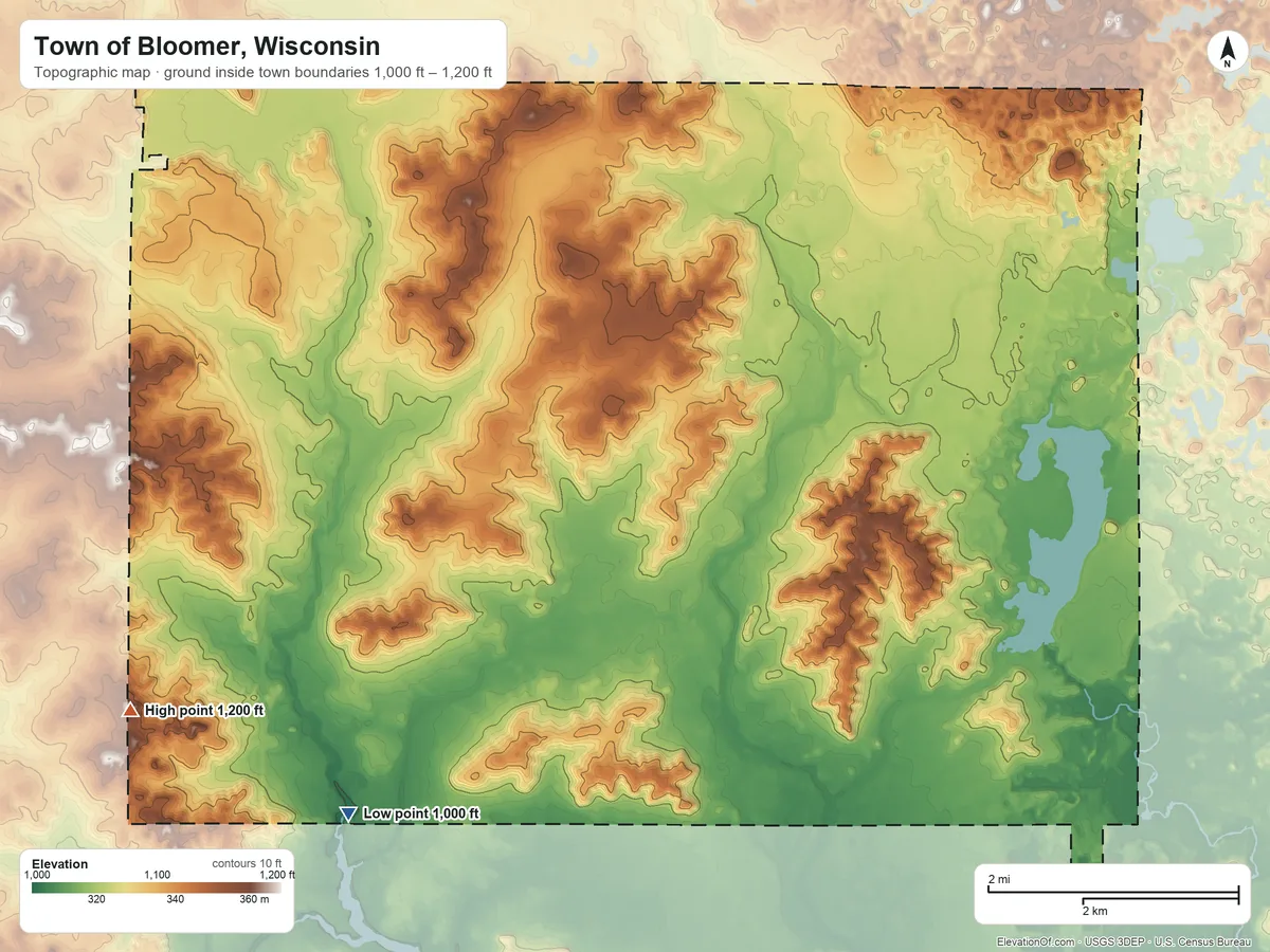 Topographic elevation map of Town of Bloomer, Wisconsin, shaded from 1,000 ft on the southwest side to 1,200 ft on the southwest side